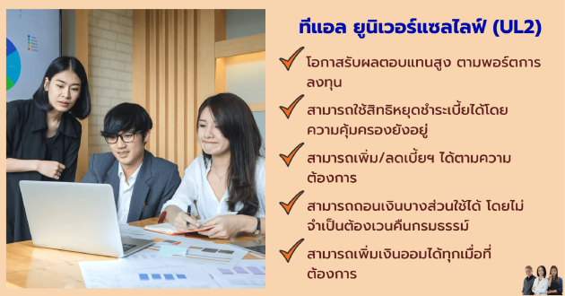 ยูแอล ยูนิเวอร์แซลไลฟ์ผลตอบแทนสูงตามพอร์ตการลงทุน หยุดชำระเบี้ยยังได้รับความคุ้มครอง เพิ่มลดเบี้ยประกันได้ตามต้องการ ถอนเงินได้โดยไม่ต้องเวนคืนกรมธรรม์