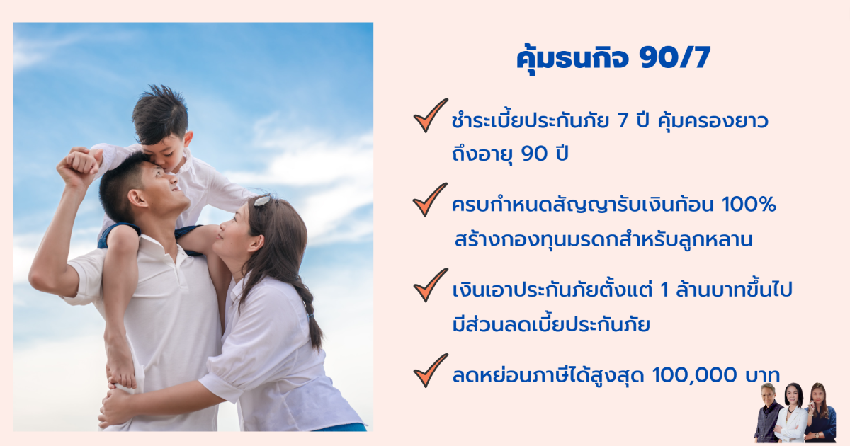 สร้างหลักประกันให้ครอบครัว ในทุกช่วงของชีวิต ชำระเบี้ยฯ ประกันสั้นแค่ 7 ปี คุ้มครองยาวถึงอายุ 90 ปี ลดหย่อนภาษี