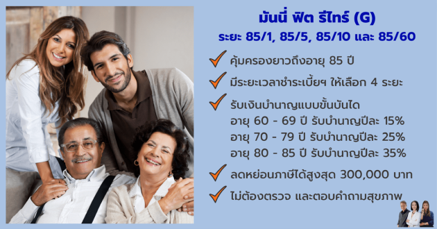 มันนี่ ฟิต รีไทร์ (G) ประกัน บำนาญ เพื่อการลดหย่อนภาษี มีระยะเวลาการชำระเบี้ยประกันให้เลือก 4 ระยะ ตาม lifestyle รับทันทีไม่ต้องตรวจและตอบปัญหาสุขภาพ